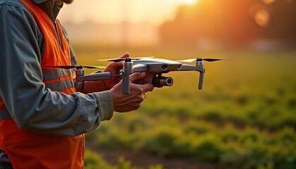 Fototapeta premium Farmer prepares drone for field spraying. Agricultural worker uses modern tech. Precision farming app. Safety gear. Drone automation. Smart agriculture concept. Digital farming tech. Future of