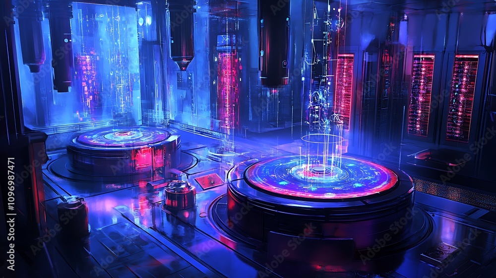 Poster a futuristic physics lab using digital tools to simulate the behavior of particles in a supercollide