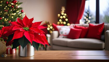 focus on red poinsettias flower - christmas decoration in a cozy living room