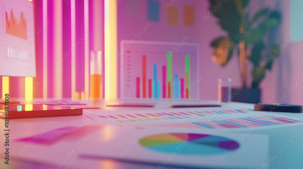 Poster A vibrant workspace featuring colorful charts and graphs for data analysis.
