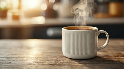 Steaming cup of black coffee on rustic wooden table in cozy kitchen