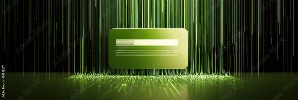 Poster A digital representation featuring a green card with data streams, suggesting technology themes.