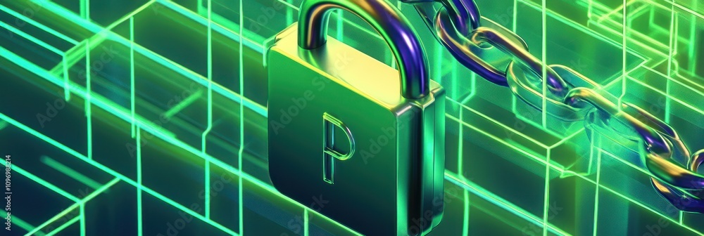Aufkleber A digital padlock and chain symbolize cybersecurity and data protection in a futuristic setting.