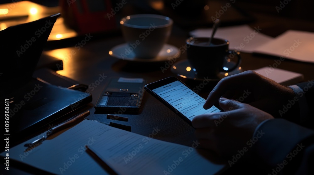 Poster A person using a smartphone at a desk with a cup of coffee and documents in low light.