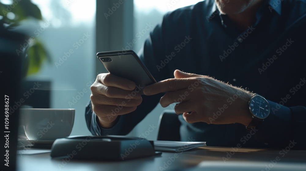 Aufkleber a person using a smartphone while seated at a desk with a coffee cup and notepad.
