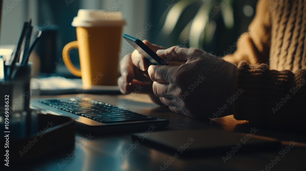 Poster a person using a smartphone while sitting at a desk with a coffee cup and keyboard nearby.