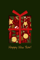 New Year's card, in the form of a gift, elements of Christmas symbols, cut paper, greeting