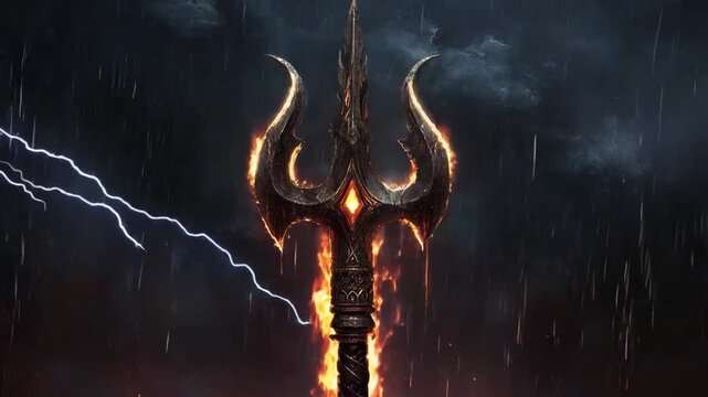 A powerful trident surrounded by flames and lightning in a dark stormy sky at nighttime