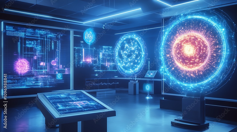 Poster a futuristic physics lab with digital tools for studying the behavior of particles in high-energy ac