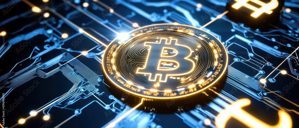 Poster a digital representation of bitcoin on a circuit board background.
