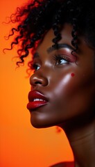 Obraz premium Closeup side profile of young Black woman model. Red lipstick orange background. Cosmetics studio photography. Social media marketing backdrop. Space for text. Beauty face fashion hair makeup glamour.
