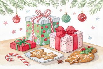 Christmas cookies and presents on a holiday table