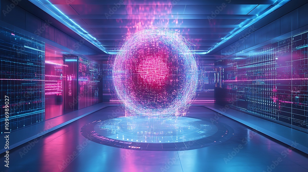 Poster a futuristic physics lab with digital tools for studying the behavior of particles in high-energy ac