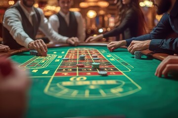 Casino Roulette Players Placing Bets On Green Table