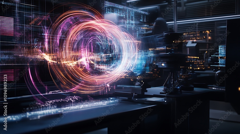 Poster a futuristic physics lab with digital interfaces for exploring the behavior of matter under high-ene