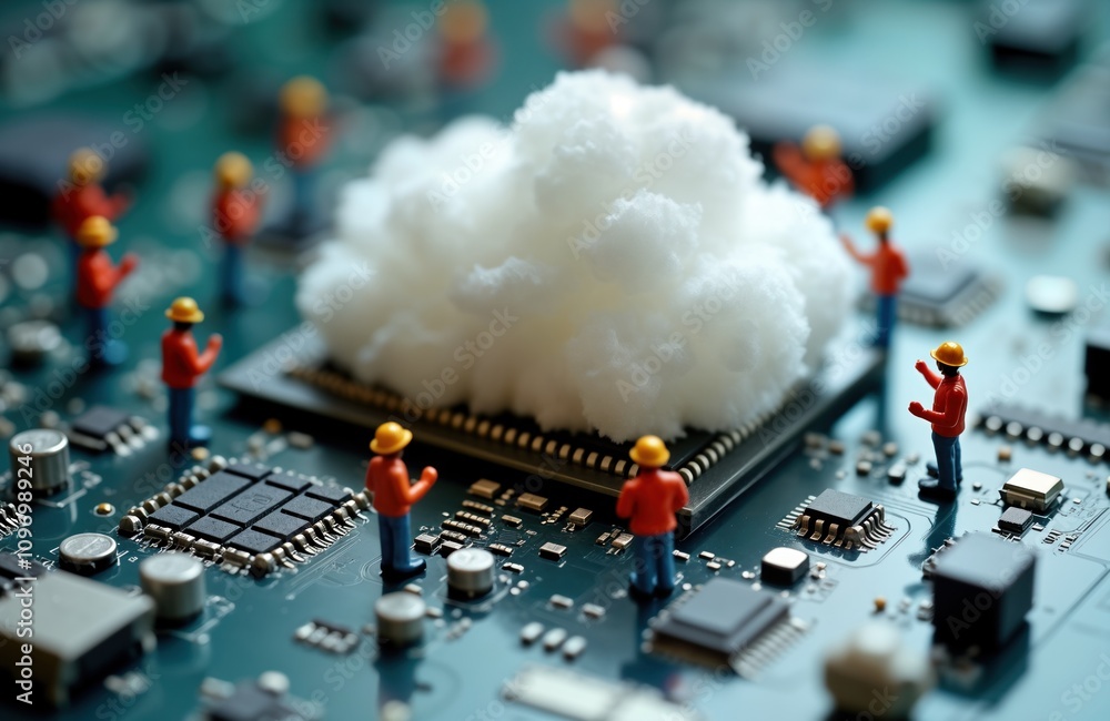 Aufkleber Miniature workers maintain cloud server. Engineers build tech infrastructure. Cloud computing automation. IT specialists. Network virtualization. Digital transformation.