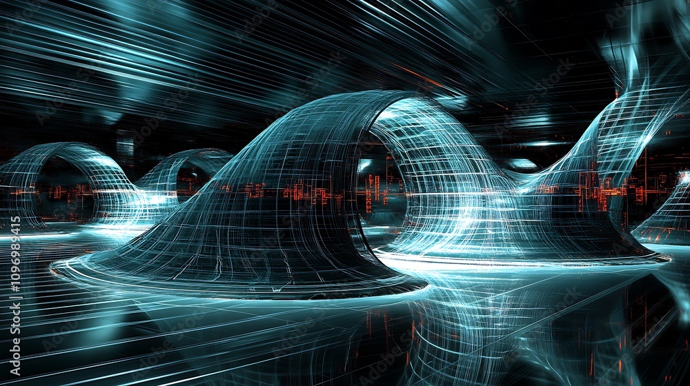 Poster a futuristic physics lab with digital interfaces for exploring the properties of exotic matter and h