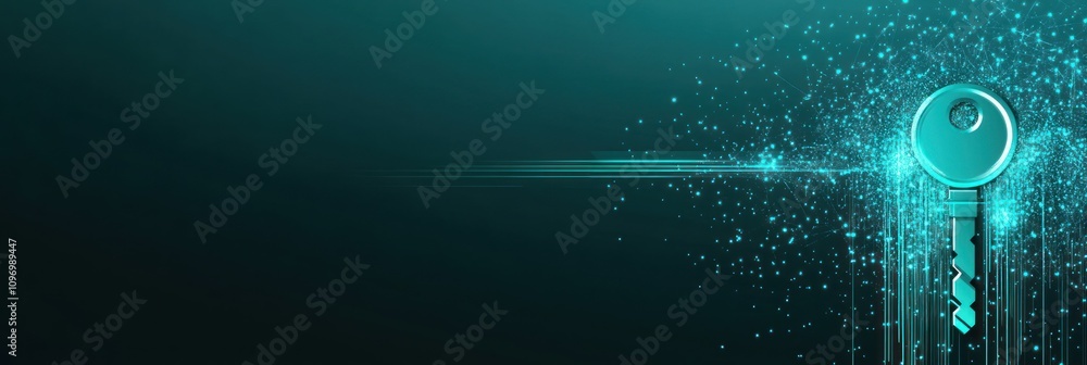 Poster A stylized key graphic with digital effects, symbolizing security and access.