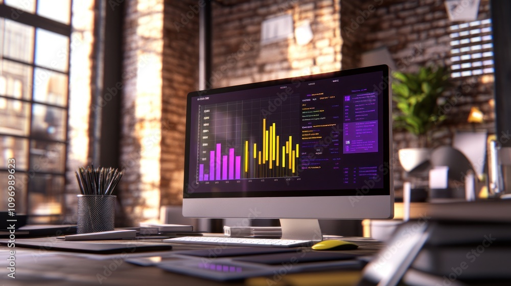 Aufkleber A modern workspace featuring a computer displaying colorful data visualizations.