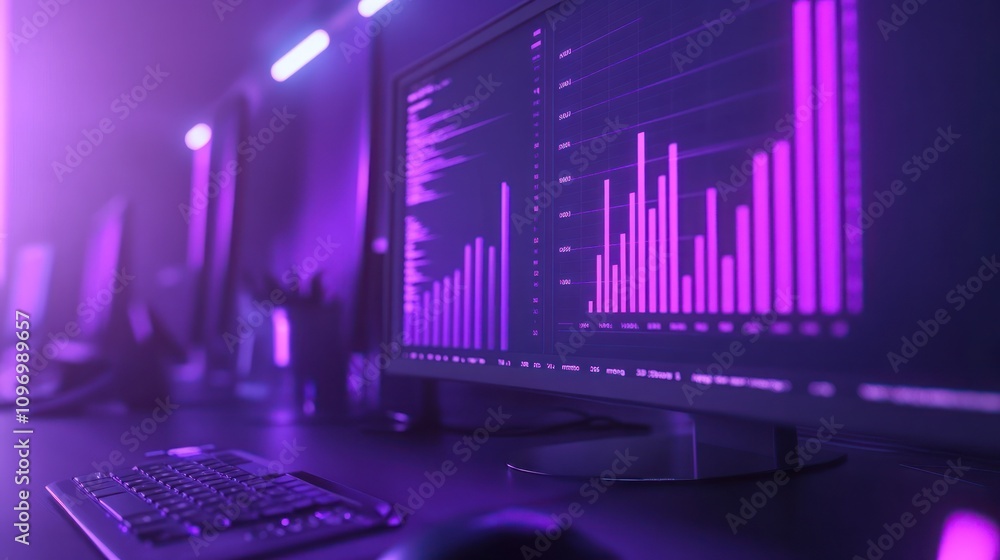 Aufkleber A dimly lit workspace featuring monitors displaying data visualizations and a keyboard.