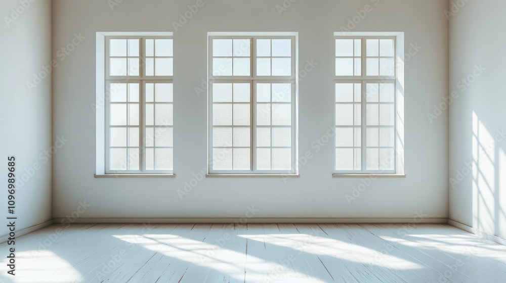 Poster a minimalist room with three large windows allowing natural light to illuminate the space.