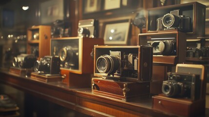 A Collection of Vintage Cameras Displayed in an Antique Shop, Showcasing Various Designs and Styles...