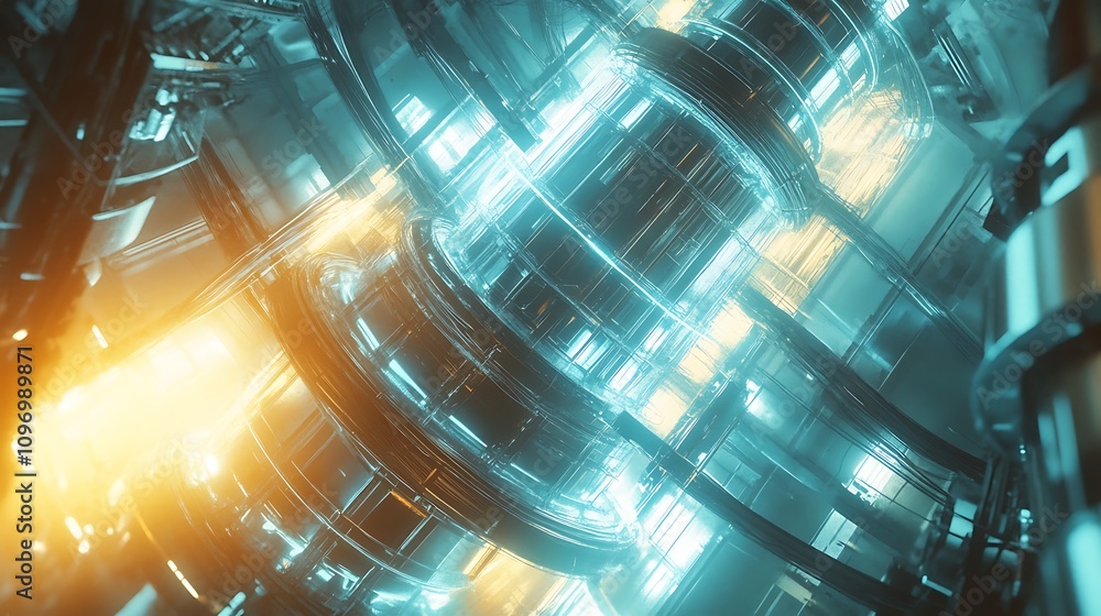 Poster a futuristic physics lab with holographic tools for studying the behavior of exotic particles in hig