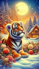 Fototapeta premium niedliches Tigerbaby in einer Winterlandschaft
