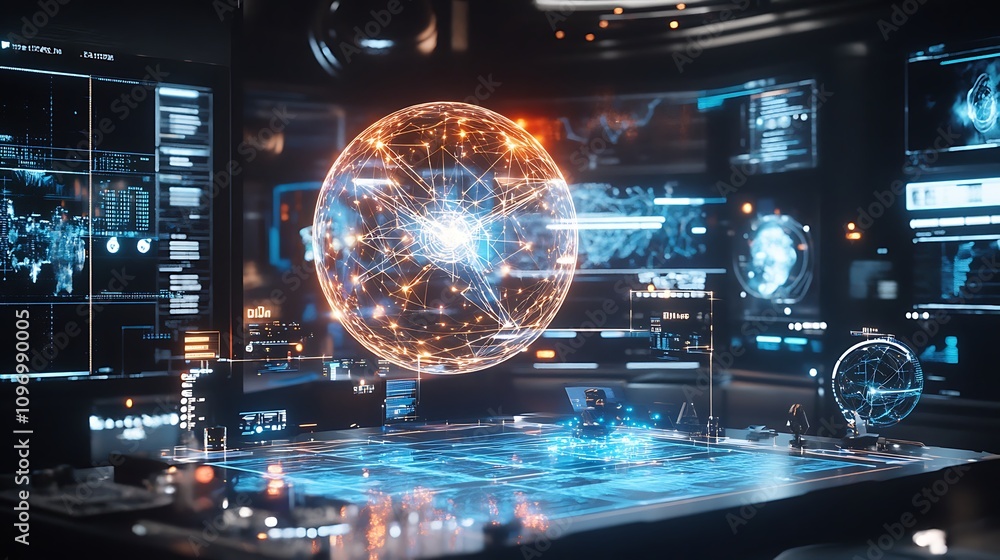 Poster a futuristic physics lab with holographic tools for studying the behavior of exotic particles in hig