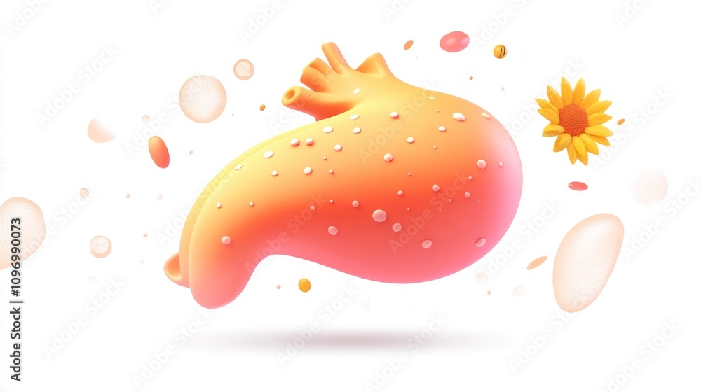 Poster A stylized, colorful representation of a stomach with floating elements and a flower.