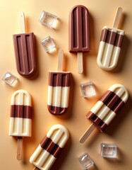 Obraz premium Chocolate ice cream bars summer dessert. Sweet cold dairy snack. Creamy delicious food. Refreshment ice cubes. Summer branding concept. Food design illustration. Abstract art background. Creative ice