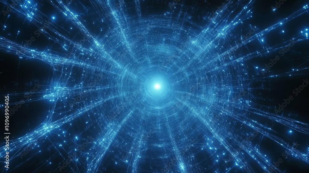 Poster a captivating abstract representation of a glowing blue tunnel of light, symbolizing advanced techno