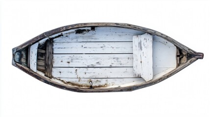 Old wooden fishing boat isolated on white background, top view