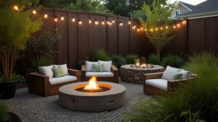 Modern backyard patio with fire pit, seating, and string lights at night.