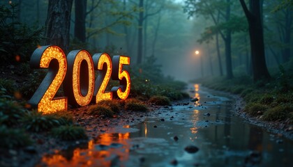 Illuminated 2025 sign rests beside forest stream. New year concept. Nature scene. Business goals. Future plans. New beginnings. Year 2025. Aspirations. Success. Journey. Path. Growth. Challenges.