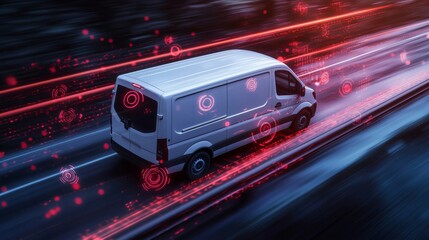 White delivery van driving fast on road with futuristic data hologram showing progress