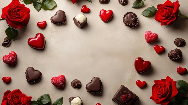 Valentine's day background with red roses and heart shaped chocolates forming a frame