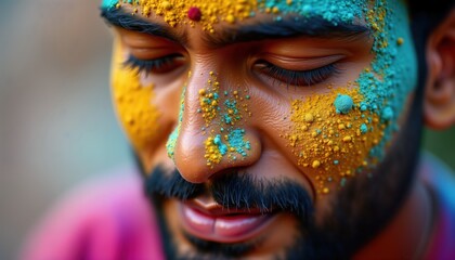 Macro shot of Indian man face. Golden and teal Holi powder texture. Man has moustache. Spring festival vibrant colours. Indian culture tradition. Festive celebration. Detailed portrait.