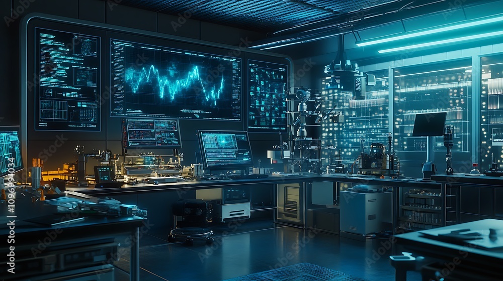 Poster a futuristic physics lab with digital simulations of the interactions between fundamental particles 