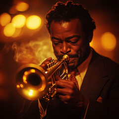 Obraz premium Jazz trumpeter performing in warm golden lighting
