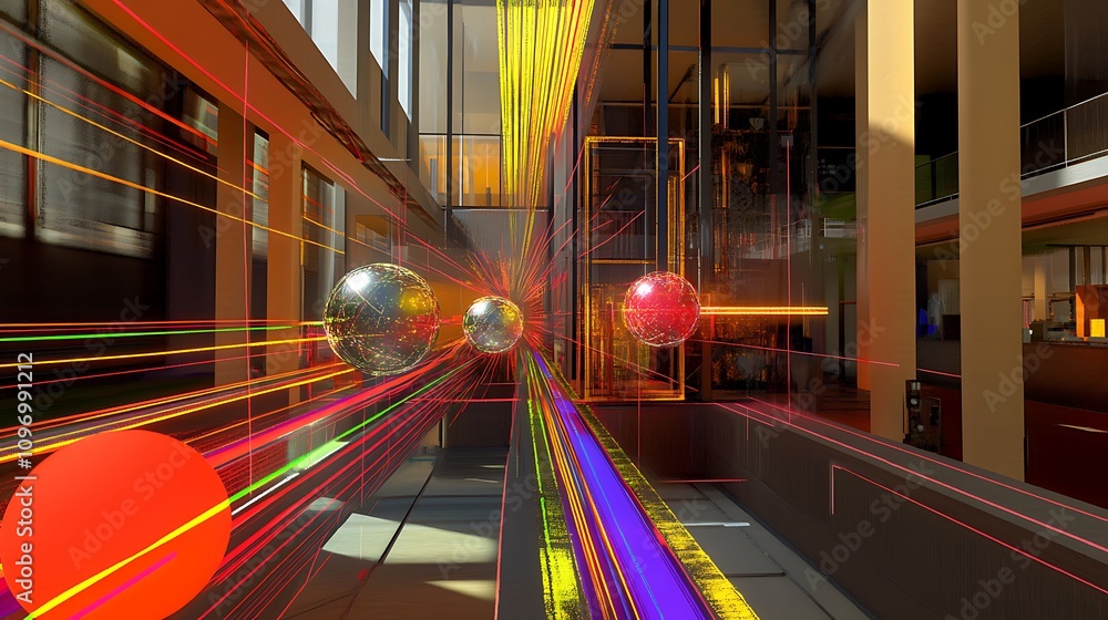 Poster a futuristic physics lab with digital simulations of the interactions between fundamental particles 