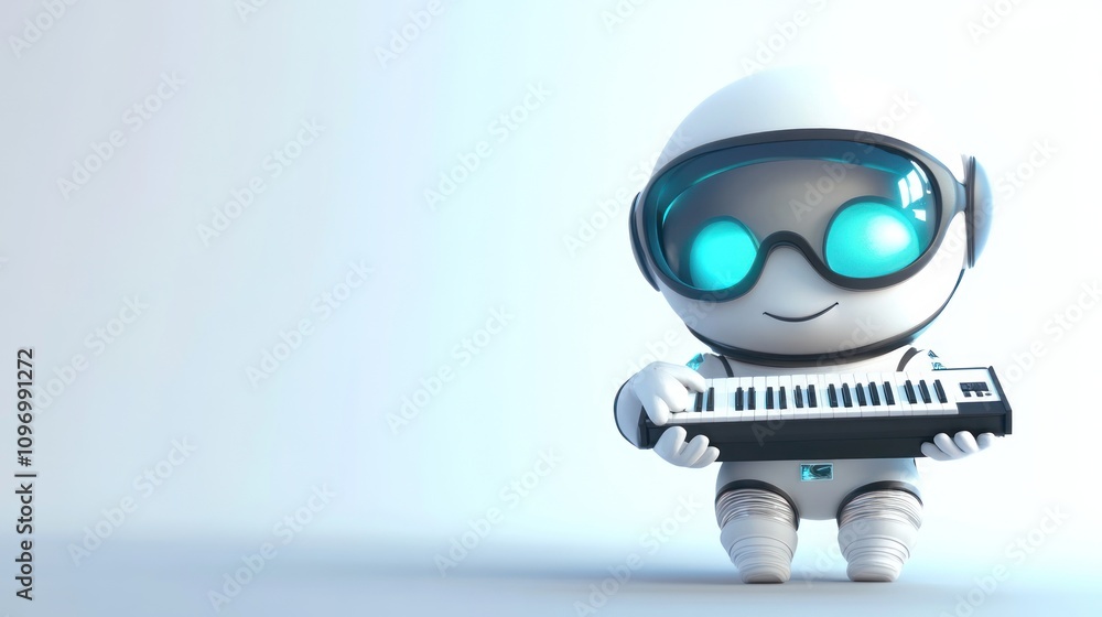 Poster a cute robot character holding a keyboard, showcasing a playful and musical theme.