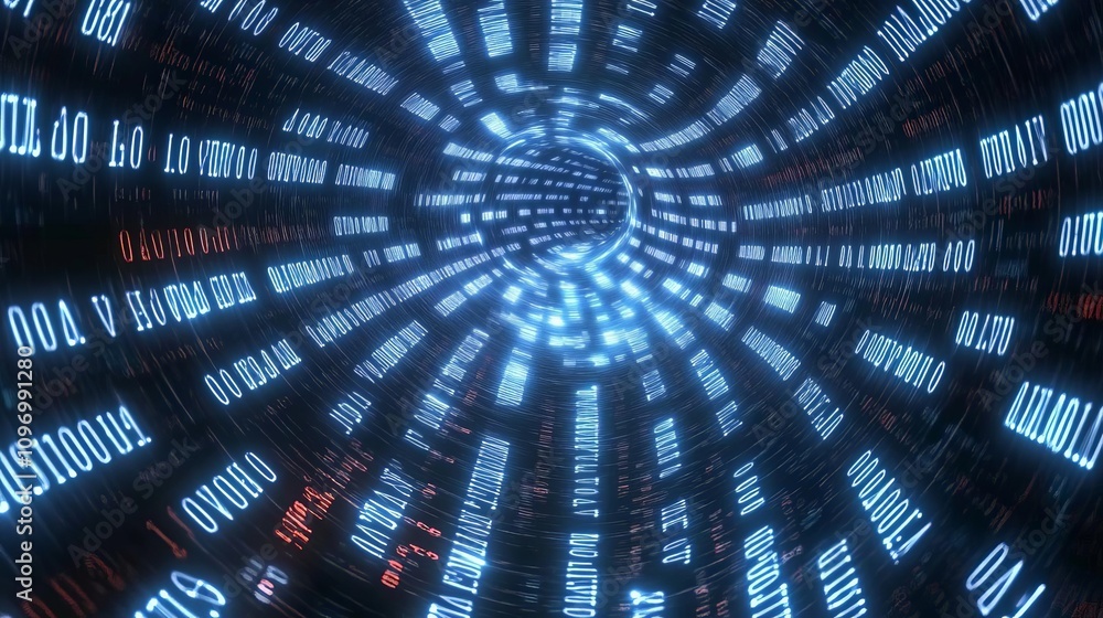 Poster a captivating abstract representation of digital data flowing through a tunnel of numbers and light,