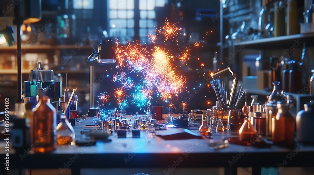 Poster a futuristic physics lab with digital tools for simulating the behavior of particles in high-energy 