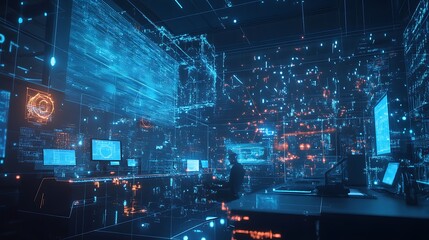 A futuristic physics lab with digital tools for simulating the behavior of particles in high-energy collision experiments