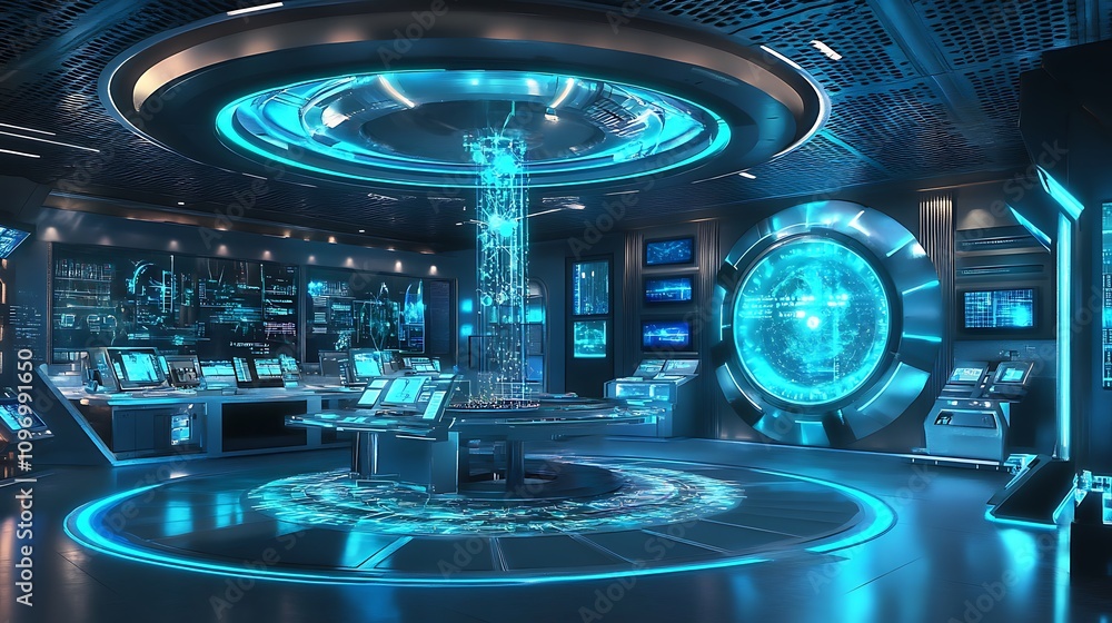 Poster a futuristic physics lab with interactive displays of the principles of quantum teleportation and in