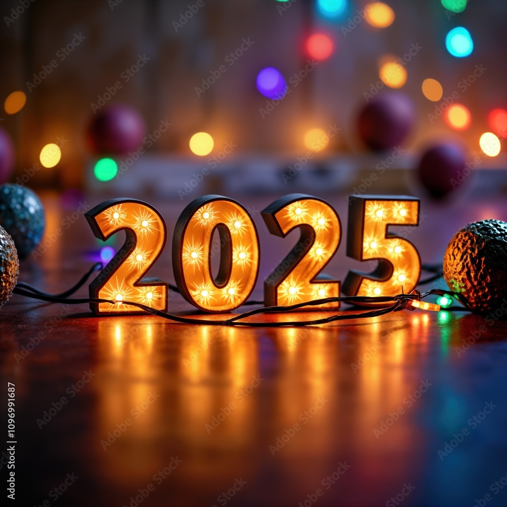 Poster glowing 2025 numerals light up new year celebration. festive string lights, ornaments add sparkle. b