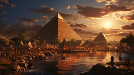 Depiction of workers shaping massive stones to build the pyramids, a testament to ancient skill and teamwork.