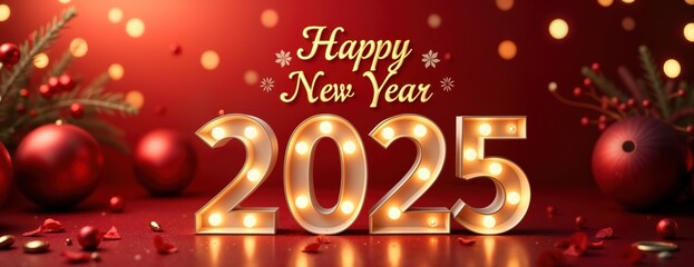 Happy New Year 2025 greeting card. Illuminated 2025 digits light up festive scene. Red background. Christmas balls ornaments. Holiday celebration design. Perfect for New Year eve party postcard.