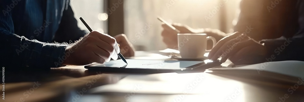 Poster close-up of hands writing and discussing over documents with a coffee cup in a bright setting.